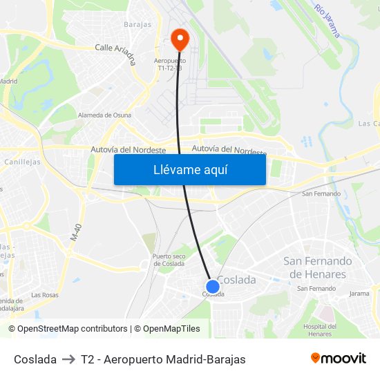 Coslada to T2 - Aeropuerto Madrid-Barajas map