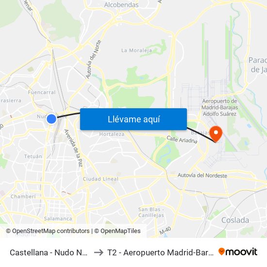 Castellana - Nudo Norte to T2 - Aeropuerto Madrid-Barajas map