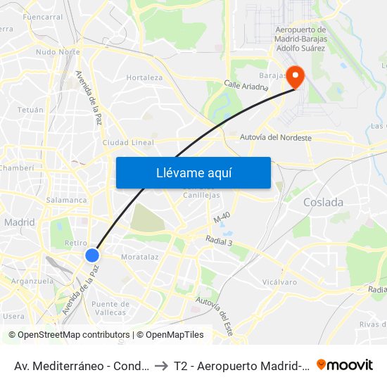 Av. Mediterráneo - Conde Casal to T2 - Aeropuerto Madrid-Barajas map