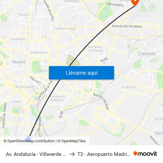 Av. Andalucía - Villaverde Bajo Cruce to T2 - Aeropuerto Madrid-Barajas map