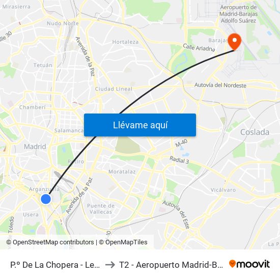 P.º De La Chopera - Legazpi to T2 - Aeropuerto Madrid-Barajas map
