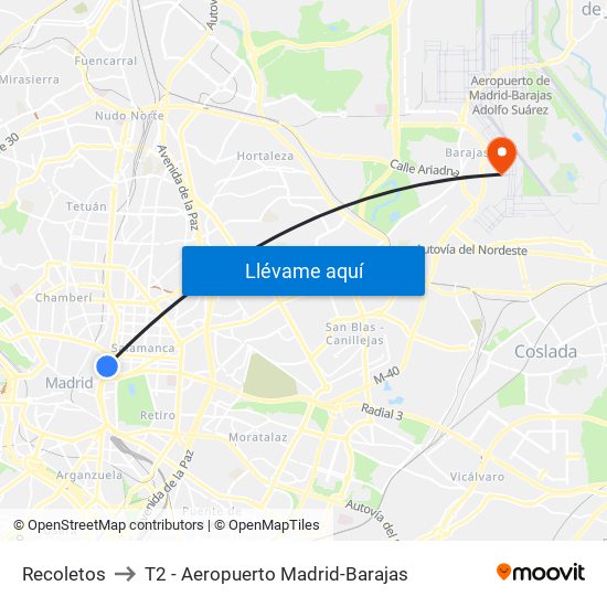Recoletos to T2 - Aeropuerto Madrid-Barajas map