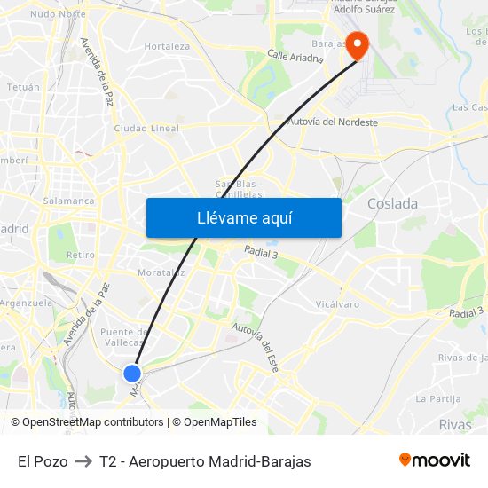 El Pozo to T2 - Aeropuerto Madrid-Barajas map