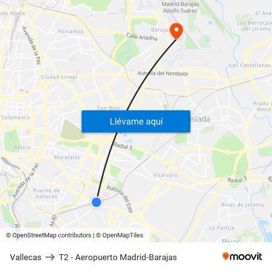 Vallecas to T2 - Aeropuerto Madrid-Barajas map