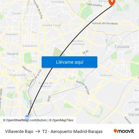 Villaverde Bajo to T2 - Aeropuerto Madrid-Barajas map