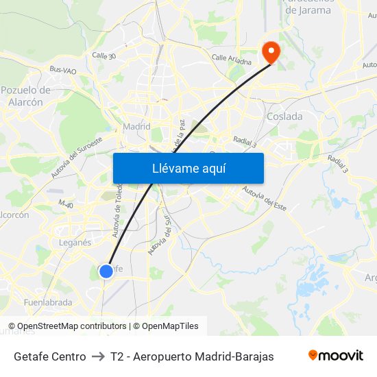 Getafe Centro to T2 - Aeropuerto Madrid-Barajas map