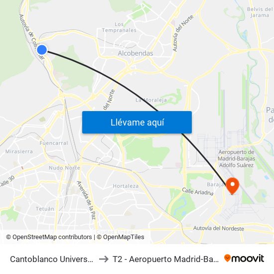 Cantoblanco Universidad to T2 - Aeropuerto Madrid-Barajas map