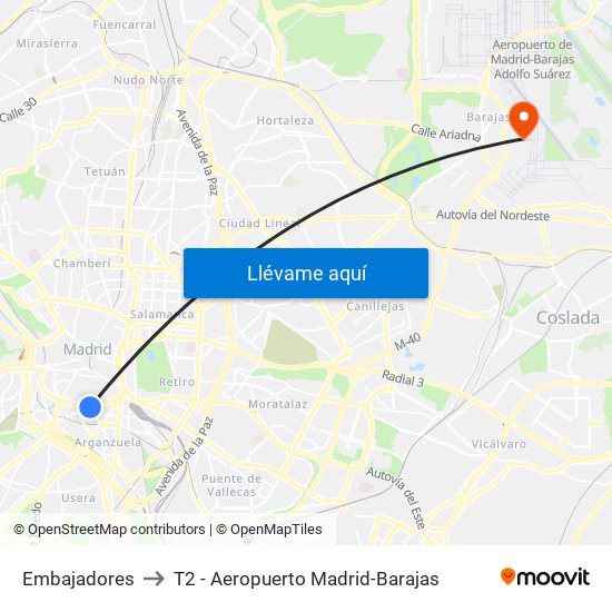 Embajadores to T2 - Aeropuerto Madrid-Barajas map
