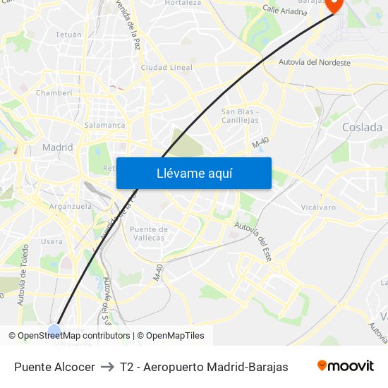 Puente Alcocer to T2 - Aeropuerto Madrid-Barajas map
