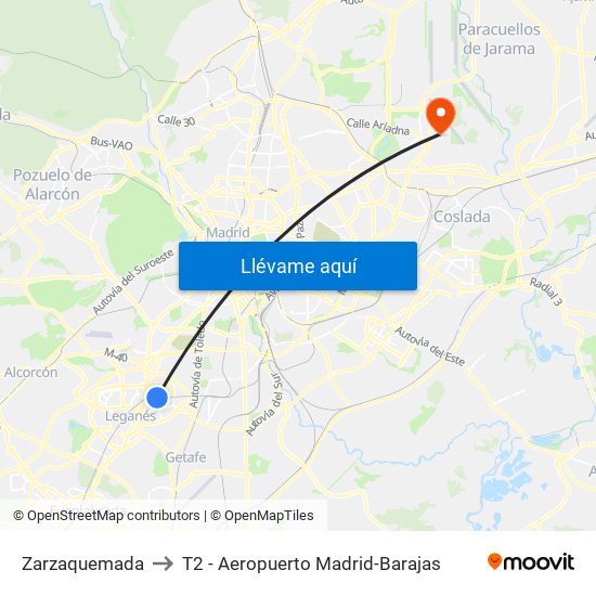 Zarzaquemada to T2 - Aeropuerto Madrid-Barajas map