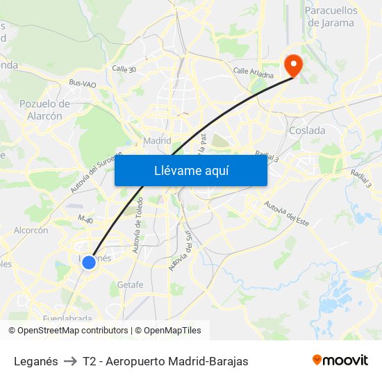 Leganés to T2 - Aeropuerto Madrid-Barajas map