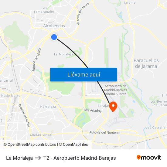 La Moraleja to T2 - Aeropuerto Madrid-Barajas map