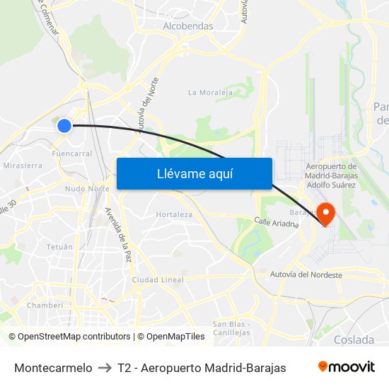 Montecarmelo to T2 - Aeropuerto Madrid-Barajas map