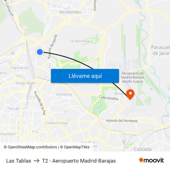 Las Tablas to T2 - Aeropuerto Madrid-Barajas map