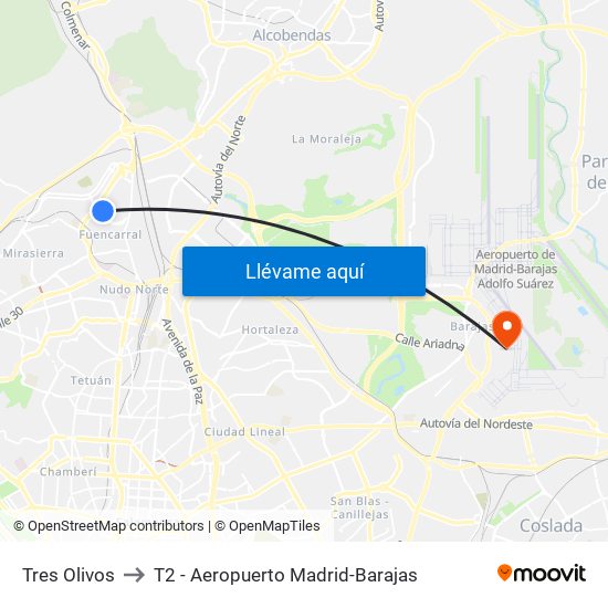 Tres Olivos to T2 - Aeropuerto Madrid-Barajas map