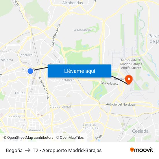 Begoña to T2 - Aeropuerto Madrid-Barajas map