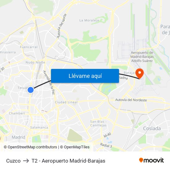 Cuzco to T2 - Aeropuerto Madrid-Barajas map