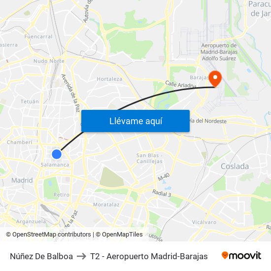 Núñez De Balboa to T2 - Aeropuerto Madrid-Barajas map