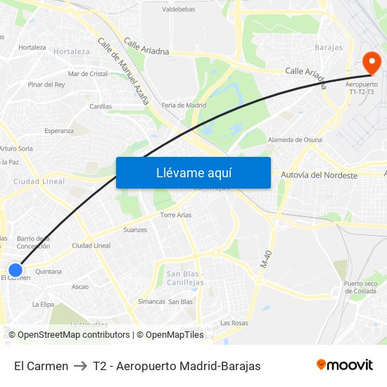 El Carmen to T2 - Aeropuerto Madrid-Barajas map
