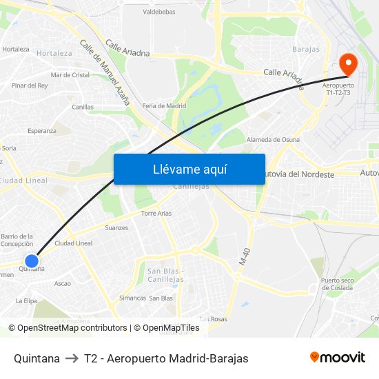 Quintana to T2 - Aeropuerto Madrid-Barajas map