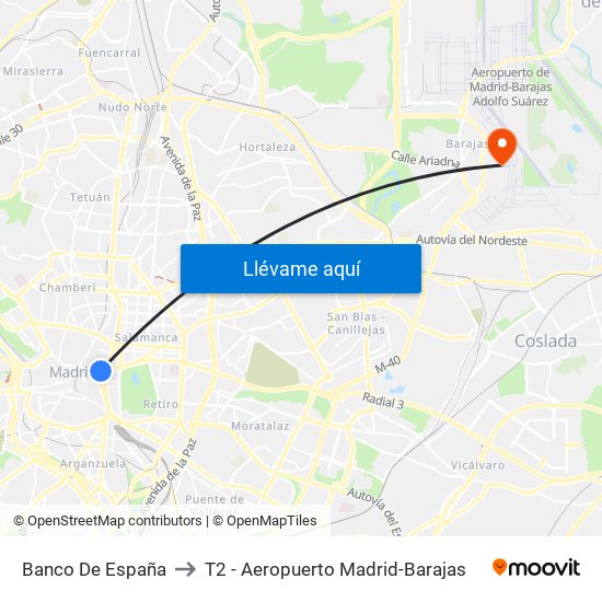 Banco De España to T2 - Aeropuerto Madrid-Barajas map