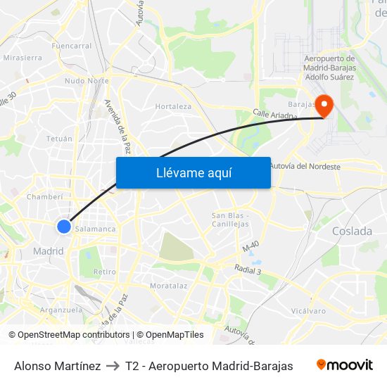 Alonso Martínez to T2 - Aeropuerto Madrid-Barajas map