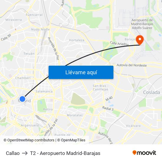 Callao to T2 - Aeropuerto Madrid-Barajas map