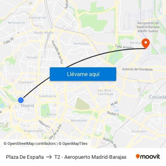Plaza De España to T2 - Aeropuerto Madrid-Barajas map