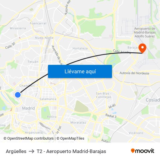 Argüelles to T2 - Aeropuerto Madrid-Barajas map