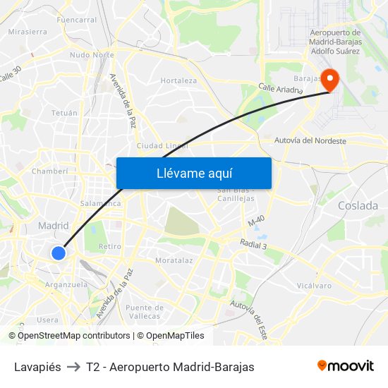 Lavapiés to T2 - Aeropuerto Madrid-Barajas map