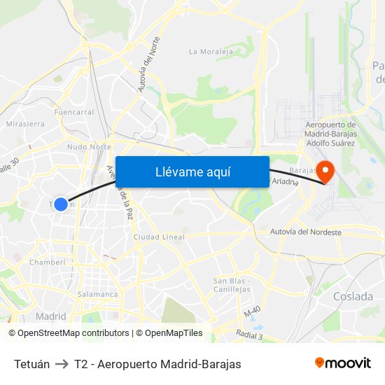 Tetuán to T2 - Aeropuerto Madrid-Barajas map