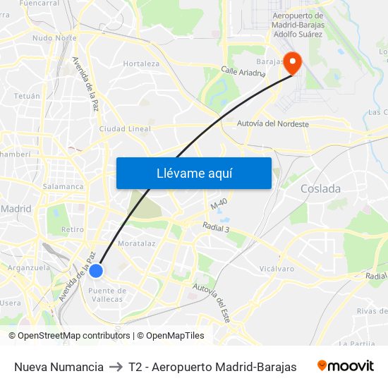 Nueva Numancia to T2 - Aeropuerto Madrid-Barajas map