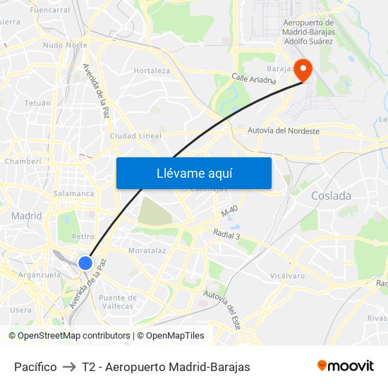 Pacífico to T2 - Aeropuerto Madrid-Barajas map