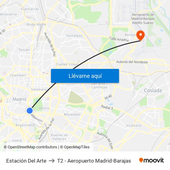 Estación Del Arte to T2 - Aeropuerto Madrid-Barajas map