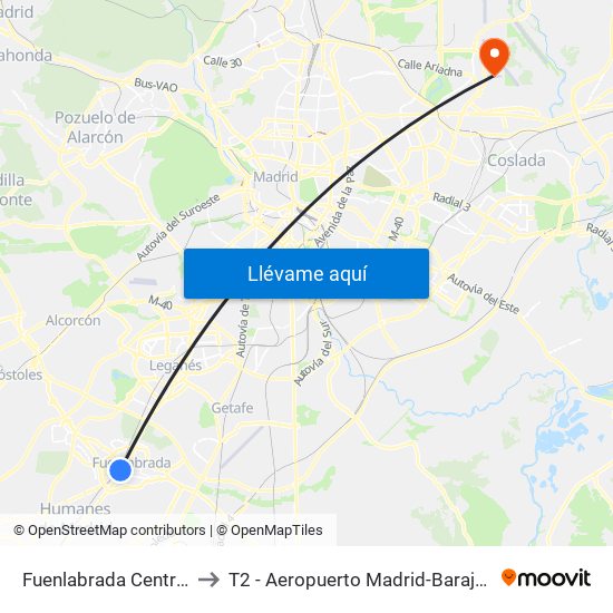 Fuenlabrada Central to T2 - Aeropuerto Madrid-Barajas map