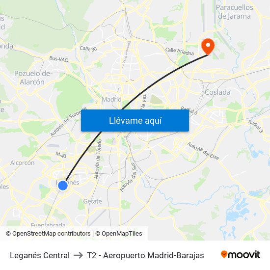 Leganés Central to T2 - Aeropuerto Madrid-Barajas map