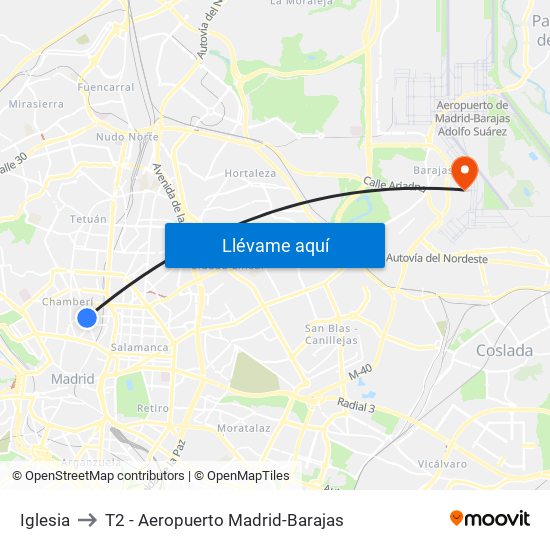 Iglesia to T2 - Aeropuerto Madrid-Barajas map