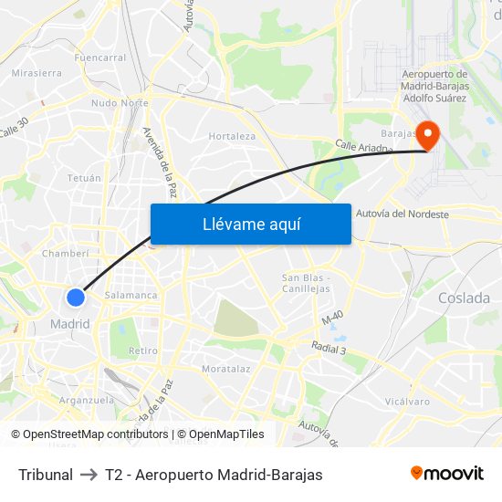 Tribunal to T2 - Aeropuerto Madrid-Barajas map