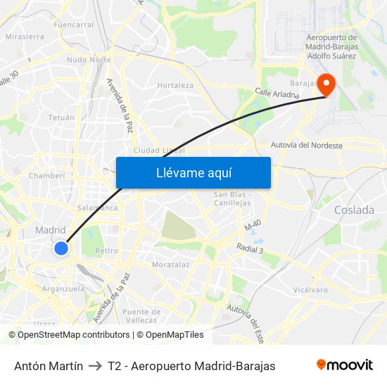 Antón Martín to T2 - Aeropuerto Madrid-Barajas map