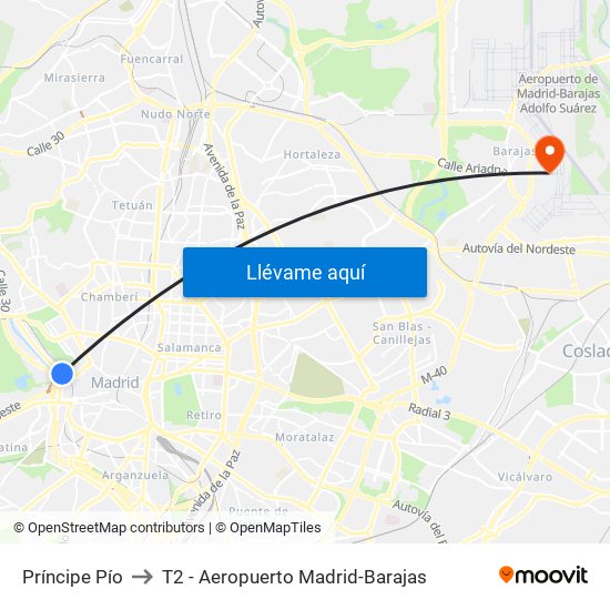 Príncipe Pío to T2 - Aeropuerto Madrid-Barajas map