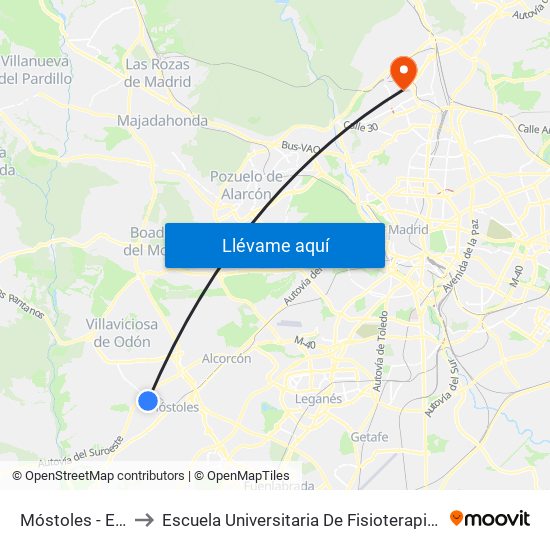 Móstoles - El Soto to Escuela Universitaria De Fisioterapia De La Once map
