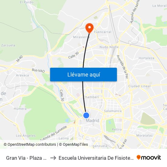 Gran Vía - Plaza De España to Escuela Universitaria De Fisioterapia De La Once map