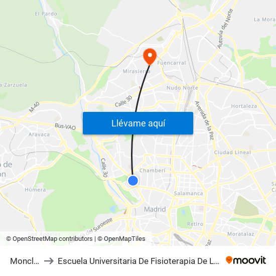 Moncloa to Escuela Universitaria De Fisioterapia De La Once map