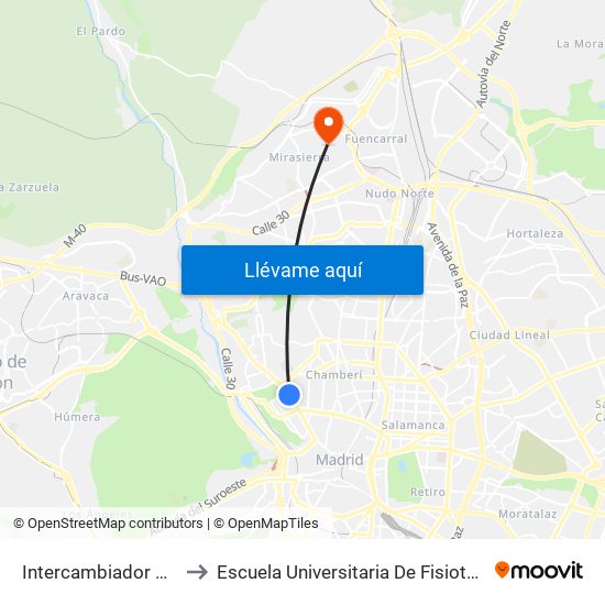 Intercambiador De Moncloa to Escuela Universitaria De Fisioterapia De La Once map