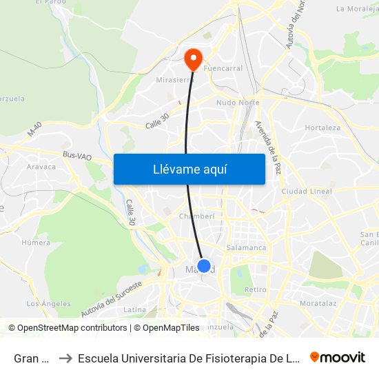 Gran Vía to Escuela Universitaria De Fisioterapia De La Once map