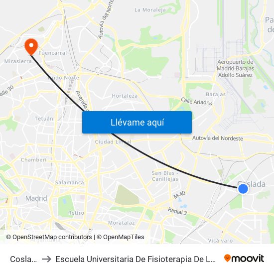 Coslada to Escuela Universitaria De Fisioterapia De La Once map