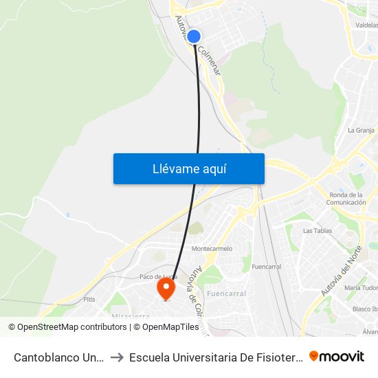 Cantoblanco Universidad to Escuela Universitaria De Fisioterapia De La Once map