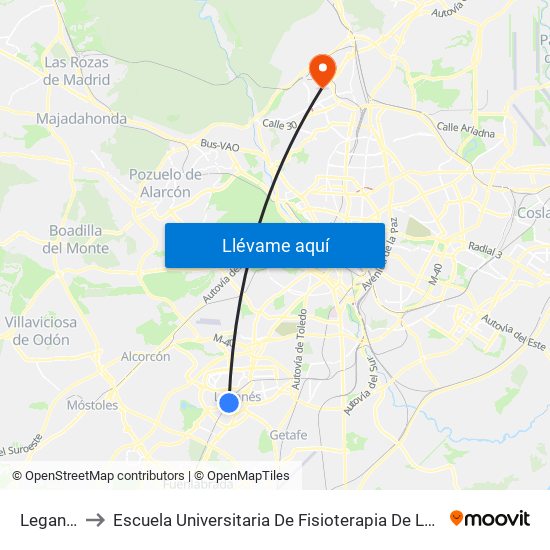 Leganés to Escuela Universitaria De Fisioterapia De La Once map