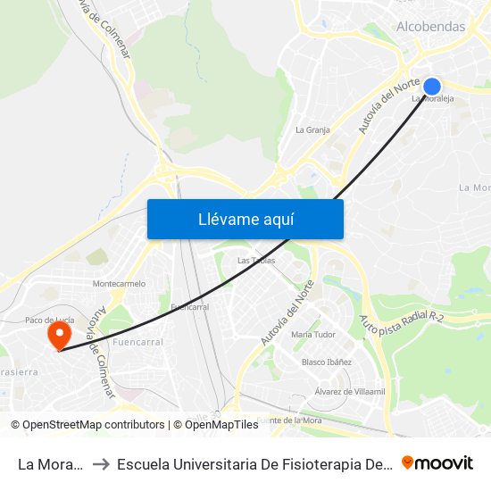 La Moraleja to Escuela Universitaria De Fisioterapia De La Once map