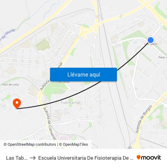 Las Tablas to Escuela Universitaria De Fisioterapia De La Once map